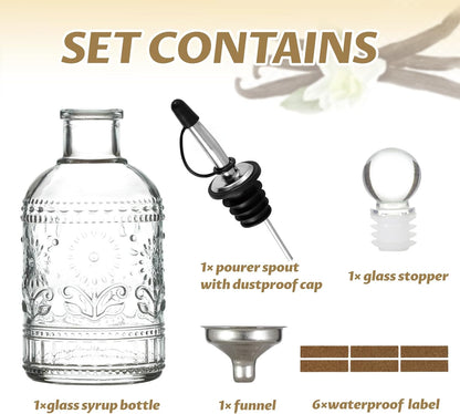 Retro Glass Syrup Dispenser Bottle 7oz, Oil and Vinegar Cruet with Stainless Steel Pour Spout, Labels, Funnel & Stopper(Floral)