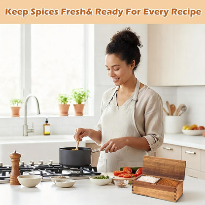 Acacia Wood Salt Cellar Spice Box with Magnetic Lid 29oz Large Capacity Salt Organizer 3 Compartments for Kitchen Countertop, Pepper, Seasonings, Spices, Grilling & Cooking