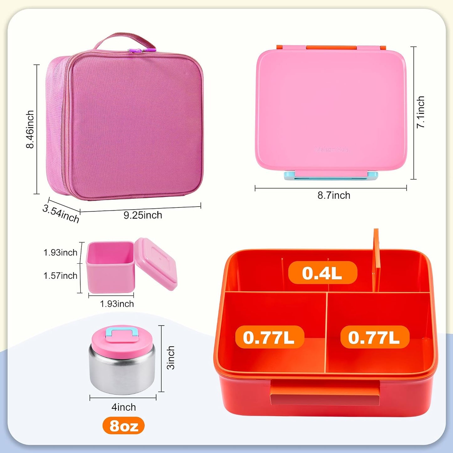 Bento Lunch Box for Kids with Thermo, Leakproof Bento Box with 8oz Insulated Food Jar, Insulated Bottle, Lunch Bag, BPA Free Dishwasher Safe 4 Compartment Container for School Girls Boys (Pink)