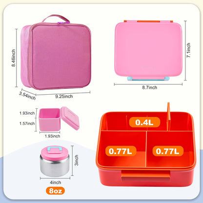Bento Lunch Box for Kids with Thermo, Leakproof Bento Box with 8oz Insulated Food Jar, Insulated Bottle, Lunch Bag, BPA Free Dishwasher Safe 4 Compartment Container for School Girls Boys (Pink)
