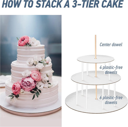 BluShore Cake Boards Tiering Kit - Cake Board 10 Inch, 8 Inch, and 6 Inch (5 Pieces Each) With Parchment Paper Rounds, Wooden Dowels, and Straw Dowels - Cardboard Cake Rounds Stacking Kit [130 Pieces]