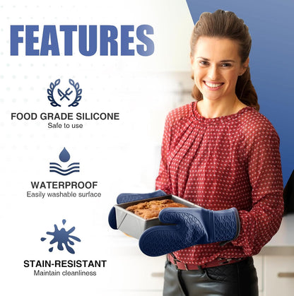 Silicone Oven Mitts, Heat Resistant 2PCS Oven Mitts with Soft Cotton Lining, Waterproof Non-Slip Grip Oven Glove, Kitchen Potholder Mits for BBQ, Baking, Cooking, 12.5 Inch - Grey