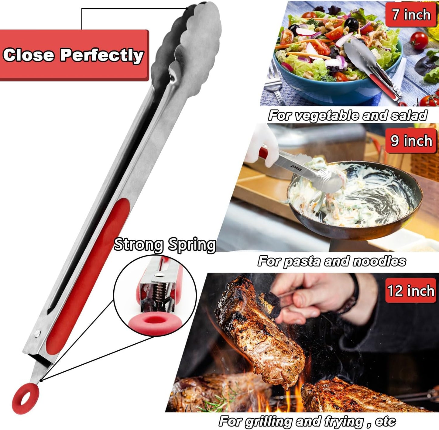 Anaeat Premium Kitchen Locking Tong Set of 3 - Heavy Duty Stainless Steel Food Tongs with Long Handle & Non-Slip Silicone Grip for Cooking, Baking, Grilling - Heat Resistant up to 480°F