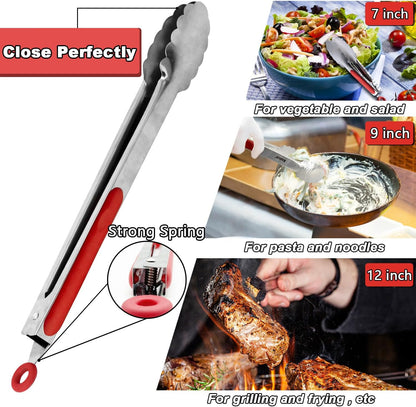 Anaeat Premium Kitchen Locking Tong Set of 3 - Heavy Duty Stainless Steel Food Tongs with Long Handle & Non-Slip Silicone Grip for Cooking, Baking, Grilling - Heat Resistant up to 480°F