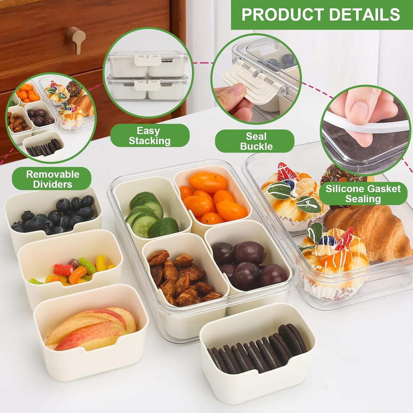 shopwithgreen 2Pcs Divided Serving Tray with Lid and Handle, Portable Snackle Box Snack Containers for Charcuterie, Party, Veggies, Snack, Fruit, Nuts, Candy, Chip, Entertaining, Picnic