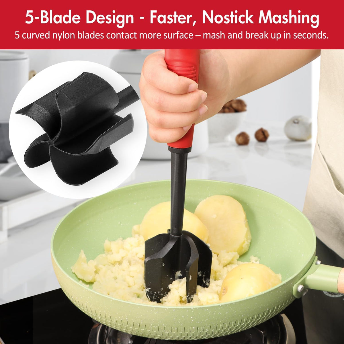 Ourokhome Meat Chopper and Potato Masher, Heat Resistant Nylon Ground Beef Smasher for Hamburger, 5 Curved Blades Nonstick Safe Mixer & Stirrer, Practical Kitchen Gadgets, Mint