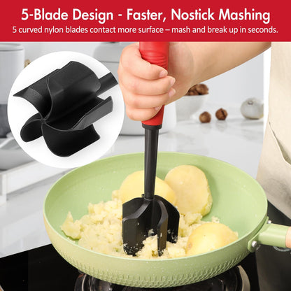 Ourokhome Meat Chopper and Potato Masher, Heat Resistant Nylon Ground Beef Smasher for Hamburger, 5 Curved Blades Nonstick Safe Mixer & Stirrer, Practical Kitchen Gadgets, Mint
