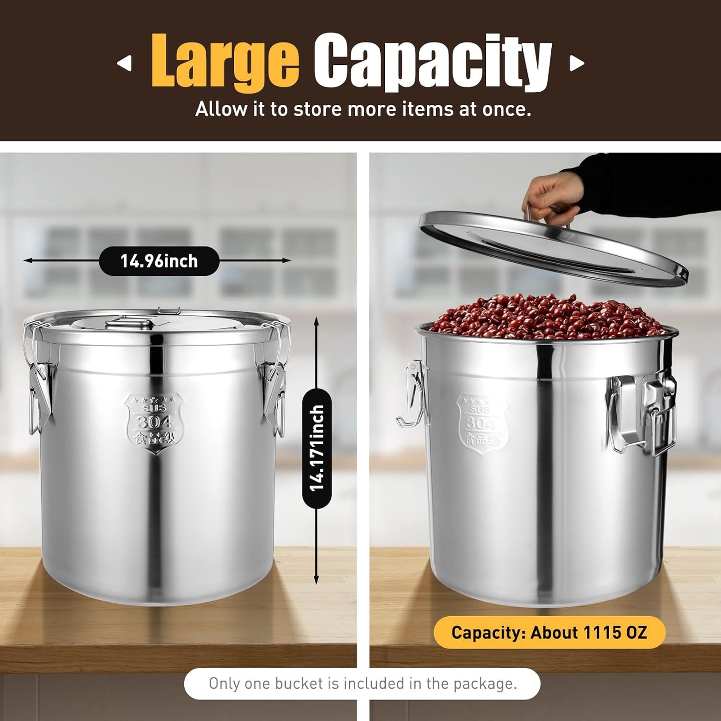 DYNAMI 12.7Gal 304 Stainless Steel Rice Storage Container,Extra Large Food Grade Canister,40-90Lbs Sealed Rice Bucket with Airtight Lid and Locking Buckle,for Rice, Flour, Grain (48L)