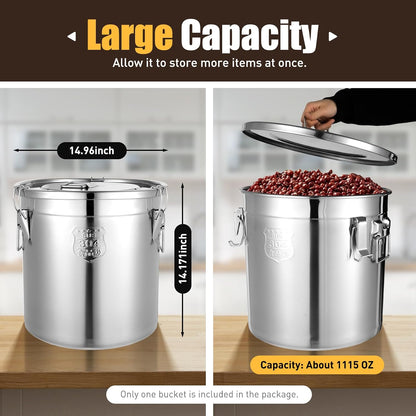 DYNAMI 12.7Gal 304 Stainless Steel Rice Storage Container,Extra Large Food Grade Canister,40-90Lbs Sealed Rice Bucket with Airtight Lid and Locking Buckle,for Rice, Flour, Grain (48L)