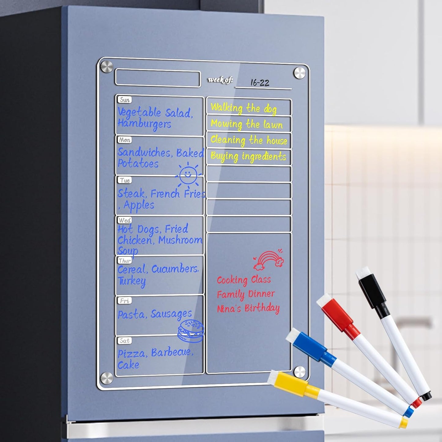 Acrylic Magnetic Meal Planner 8"x12", Magnetic Refrigerator Dry Erase Board Weekly Meal Planner for Fridge, to-Do Shopping List Chore Chart (Weekly)
