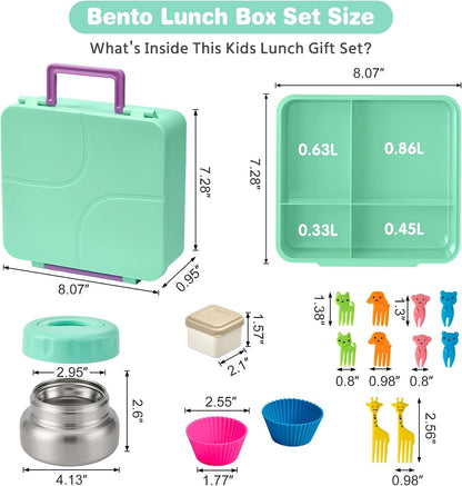 Bento Lunch Box with 9.5 oz Soup Thermo, Kids Leakproof 4 Compartments Bento Box with Silicone Cupcake,Fruit Fork,Spoon and Sauce Cup,Insulated Food Jar for School Travel-Black