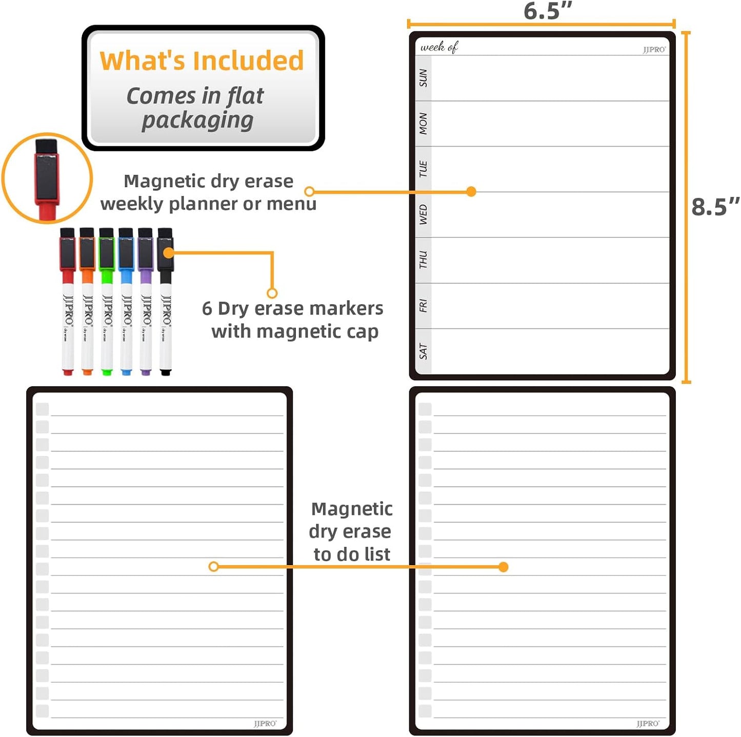 JJPRO Magnetic Monthly Calendar Whiteboard Set for Refrigerator-Monthly Planning Board, Weekly Menu Planner and to Do List for Fridge with 6 Markers-14.5" x11