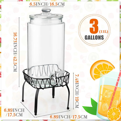 Honeydak 2 Pack 3 Gallon Glass Drink Dispenser for Parties Glass Beverage Dispenser with Stand and Spigot Leakproof Iced Water Storage Lemonade Juice Jar Mason with Lids for Wedding Parties Kitchen