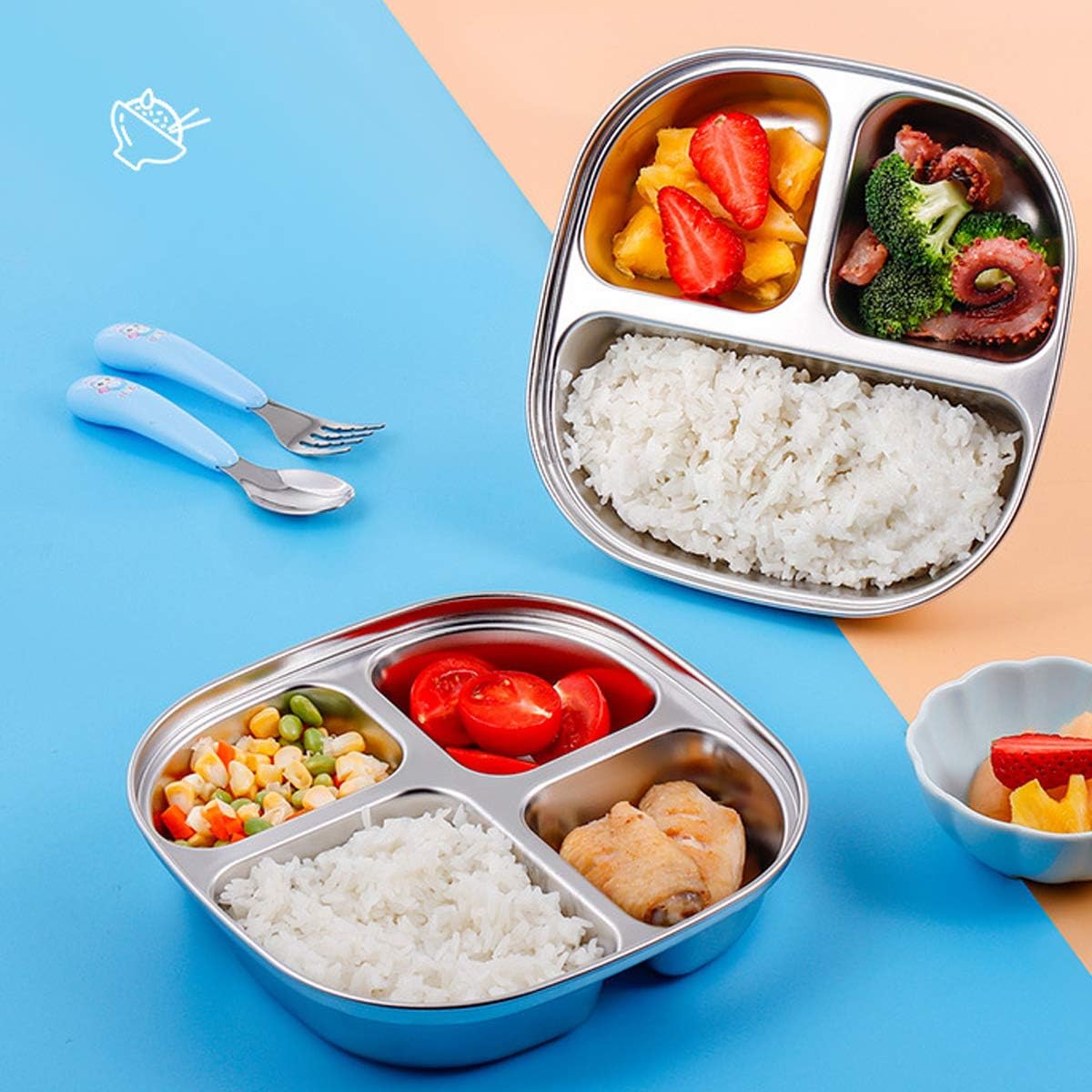 Set of 2 Stainless Steel Rectangular Divided Plates Tray 5 Sections Dinner Plates for Adults - Unbreakable Metal Plate for Campers, and Portion Control Reusable Plate