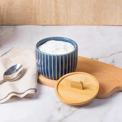 Salt Cellar Keeper with Bamboo Lid, 14oz Big Capacity Ceramic Sugar Bowls Pepper Box, Crackle Glaze Seasoning Container Condiment Pot for Kitchen (Blue Color)