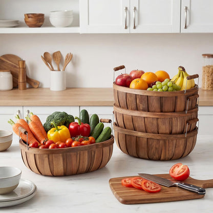 Lounsweer 4 Pcs Extra Large Wooden Bread Serving Baskets 14.6 inch Round Wooden Apple Basket with Handles Natural Wood Fruit Baskets for Kitchen Farm Party Home Gift, Brown