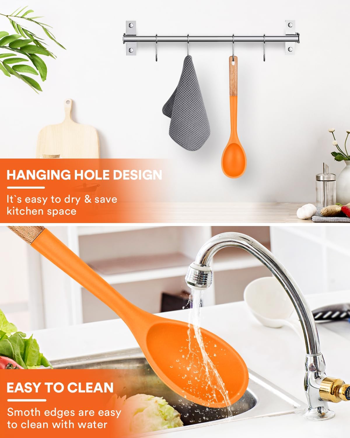 Large Silicone Cooking Spoons, Nonstick Solid Wooden Handle Spoon, Heat Resistan Silicone Kitchen Spoons for Cooking, Serving, Basting, Mixing, 13.2inch (Grey)