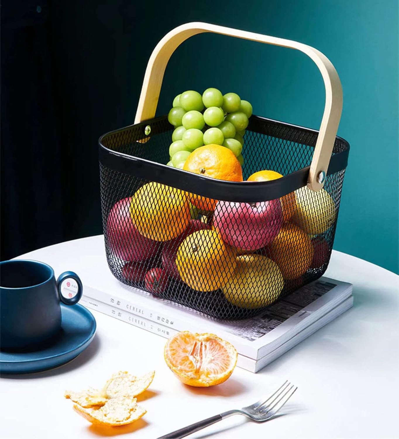 AJIODA Metal Mesh Steel Basket, Storage Organizer Basket Multi-functional Hanging Kitchen Baskets Fruit Basket Bin with Bamboo Handle for Kitchen Bathroom Picnic Shopping Decor Cabinet Home, Blue