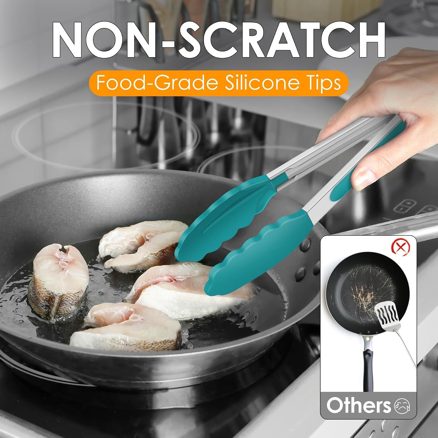 HOTEC Premium Stainless Steel Locking Kitchen Tongs with Silicon Tips, Set of 2-9" and 12"