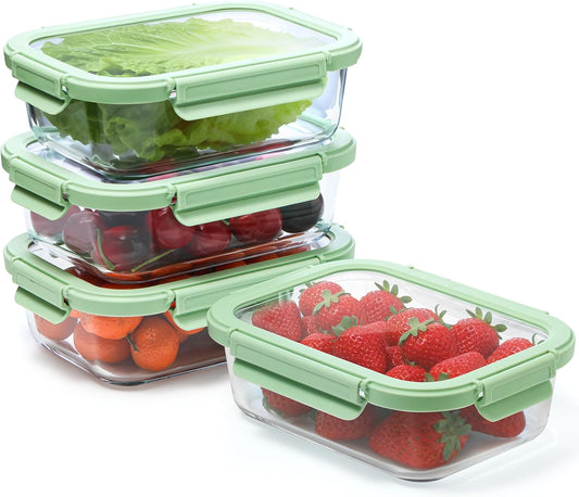 4 Pack Borosilicate Glass Meal Prep Containers, Glass Food Storage Containers with Tempered lids, 35.2oz/4.4 Cup Airtight Leak-Proof Glass Lunch Containers for Microwave Freezer Safe (Green)