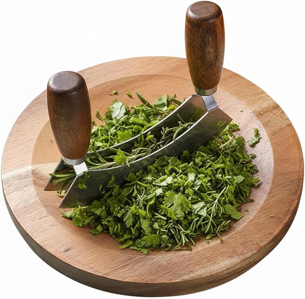 Salad Chopper With Round Wood Cutting Board - Mezzaluna Knife with Protective Cover and Anti-Slip Handle Stainless Steel Chopper Vegetable Cutter Onion Chopper Mincing Knife Pizza Cutter