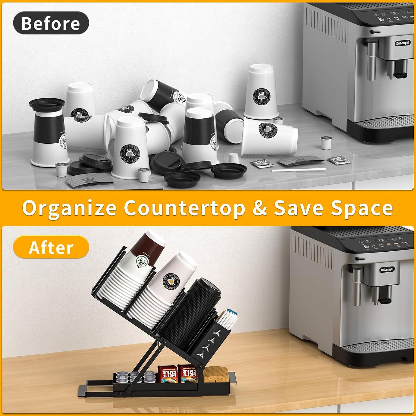 Cup and Lid Holder with Straw Organizer Coffee Station Organizer, Metal Cup Dispenser 5 Compartment Coffee Cup Holder for Coffee Bar Accessories, Disposable Paper Cups, Plastic Cups, Lids
