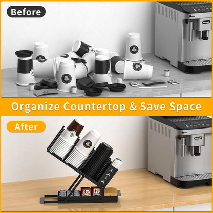 Cup and Lid Holder with Straw Organizer Coffee Station Organizer, Metal Cup Dispenser 5 Compartment Coffee Cup Holder for Coffee Bar Accessories, Disposable Paper Cups, Plastic Cups, Lids