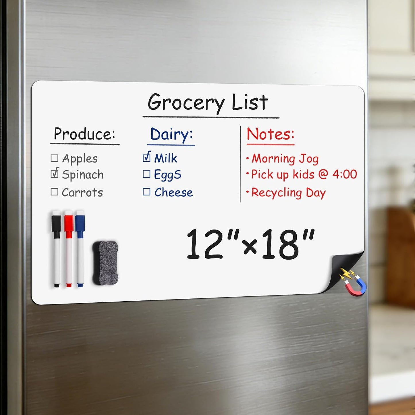 Magnetic Whiteboard for Fridge 12" x 8": Small Dry Erase Board Sheet for Kitchen Refrigerator as Weekly Menu Planner with Strong Magnet Backing - Flat Ships