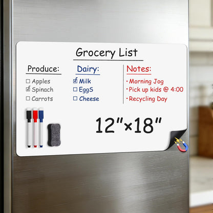 Magnetic Whiteboard for Fridge 12" x 8": Small Dry Erase Board Sheet for Kitchen Refrigerator as Weekly Menu Planner with Strong Magnet Backing - Flat Ships