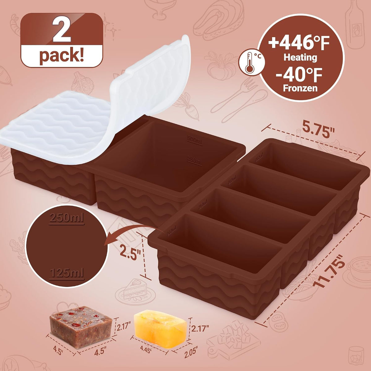 Silicone Freezer Trays with Lid for Soup, 1-Cup & 2-Cup Large Ice Cube Molds Food Storage Containers for Meal Prep, Freeze 500mL/250mL/125mL Portions – 2 Pack