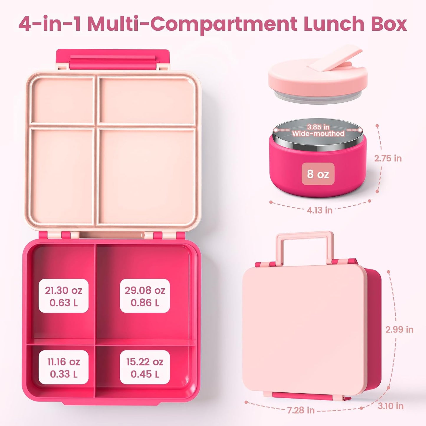 LOHASOK Bento Lunch Box Kids with 8oz Soup Thermo, Leak-Proof Lunch Containers with 4 Compartment, Thermo Hot Food Jar and Insulated Lunch Box for School Blue