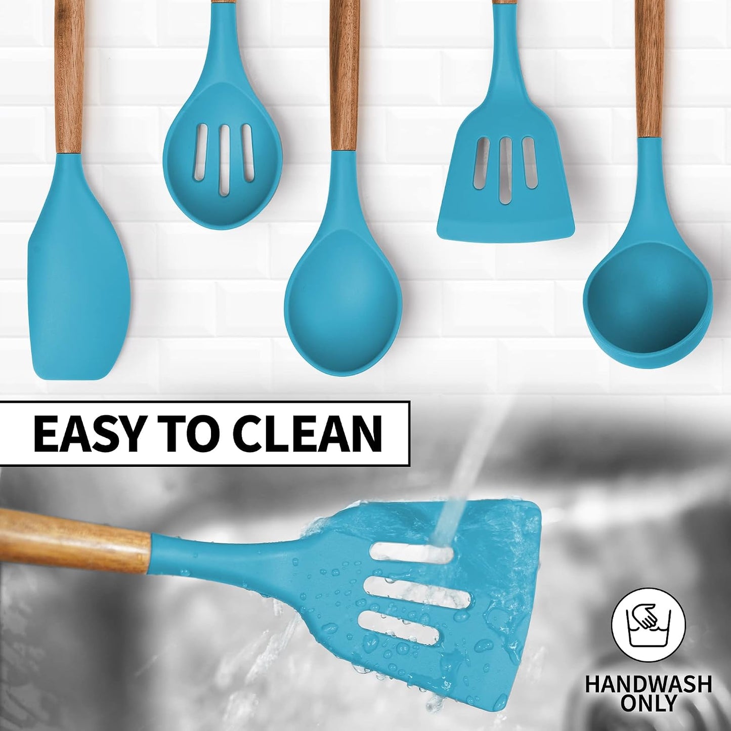Zulay Kitchen Utensils Set Non-Stick Silicone Cooking Utensils Set with Authentic Acacia Wood Handles - 5 Piece Silicone Utensil Set - Kitchen Utensils Set with 464°F Heat Resistance - Gray