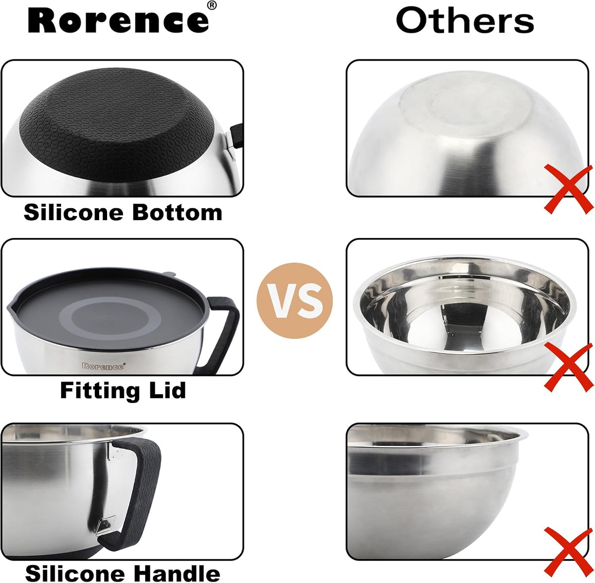 Rorence Stainless Steel Mixing Bowls: Metal Mixing Bowl Set with Lids and Handles Non-slip Silicone Bottom Nesting Bowls for Kitchen Set of 3 - Red