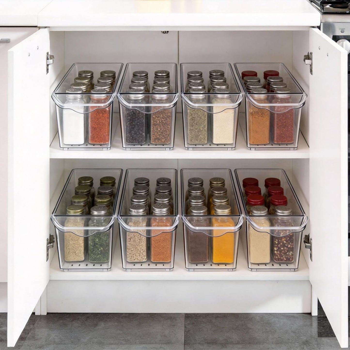 8 Pack Slim Storage Bins, BPA Free Clear Plastic Organizer Bins with Handles, Narrow Refrigerator & Pantry Organization Containers for Kitchen, Bathroom, Cabinet, Home & Office Declutter