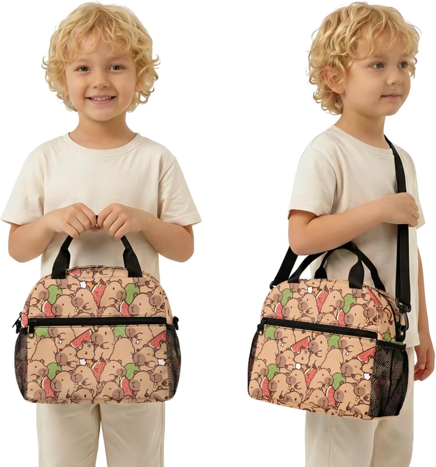 Cute Capybara Pizza Backpack for Girls, 5 Pcs Boys School Bag Set for Kids, 17 Inch Backpacks Lunch Pencil Box Reusable Utensils Case Set for Middle Elementary School, 3rd Grade Backpack