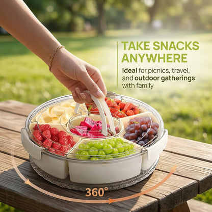 Divided Serving Tray with Lid & Handle, Portable Rotating Snackle Box, Clear Snack Spinner for Fruits, Snacks, Veggie & Charcuterie, Lazy Susan Organizer for Kitchen, Party, Travel & Picnic