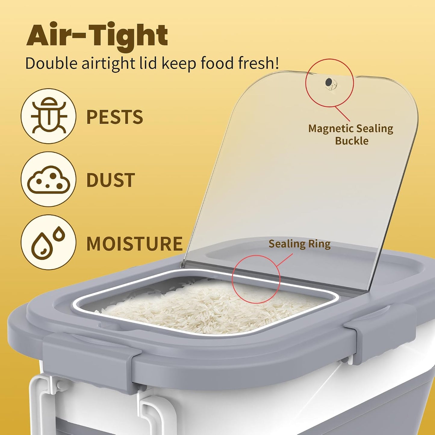 HOYTAMDA 25-40Lbs Rice Container,Collapsible Airtight Food Storage Containers with Wheels,Handle,Rice Storage Container with Small Bin and Scoop,Rice Dispenser for Flour Sugar Cereal Grain Dog Cat