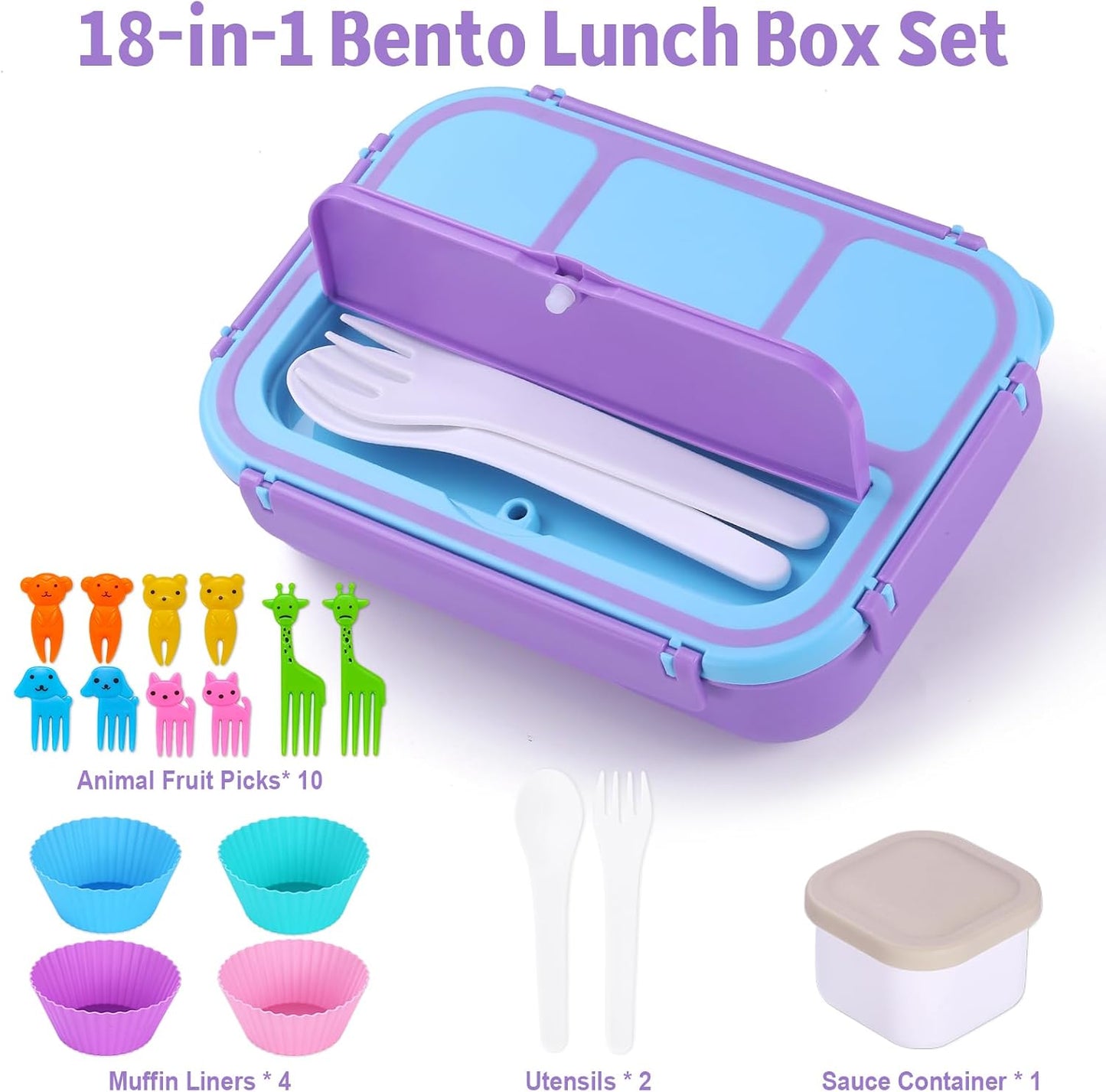 Bento Box Adult Lunch Box, Lunch Containers for Kids Girls Boys with 4 Compartments, Lunchable Food Container with Utensils, Sauce Jar, Muffin Liners, 40 Oz/5 Cup, Microwave Safe, Lavender