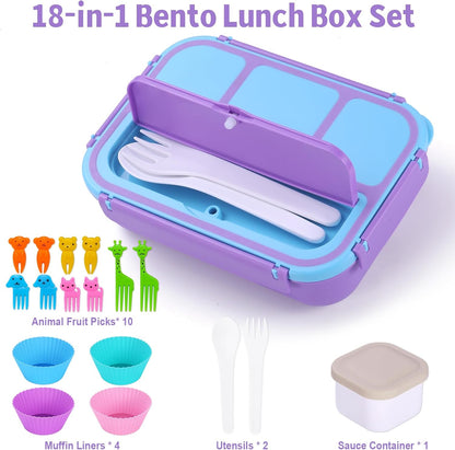 Bento Box Adult Lunch Box, Lunch Containers for Kids Girls Boys with 4 Compartments, Lunchable Food Container with Utensils, Sauce Jar, Muffin Liners, 40 Oz/5 Cup, Microwave Safe, Lavender