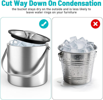 3L Stainless Steel Ice Bucket, Double Wall Insulated Ice Bucket with Lid, Drain Plate, Scoop, Tong for Parties Cocktail Bar