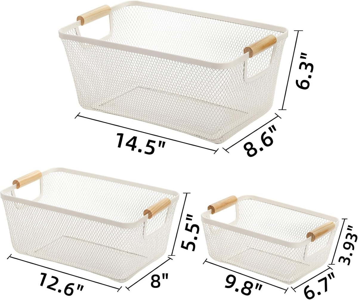 Noamus 3 Pack Metal Mesh Baskets with Wood Handle, Iron Storage Organizer Basket, Cream White Wire Countertop Baskets for Organizing, Cabinet Pantry Closet Bedroom Kitchen(3 Size)