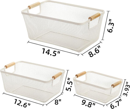 Noamus 3 Pack Metal Mesh Baskets with Wood Handle, Iron Storage Organizer Basket, Cream White Wire Countertop Baskets for Organizing, Cabinet Pantry Closet Bedroom Kitchen(3 Size)