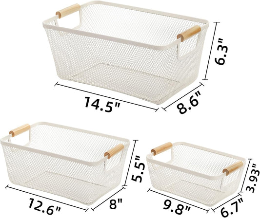 Noamus 3 Pack Metal Mesh Baskets with Wood Handle, Iron Storage Organizer Basket, Cream White Wire Countertop Baskets for Organizing, Cabinet Pantry Closet Bedroom Kitchen(3 Size)