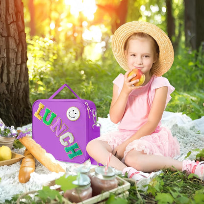 Insulated Lunch Bag With Adjustable Shoulder Strap, Nylon Preppy Lunch Box Large Insulated Lunch Bag Reusable Lunch Tote Bag with Smiley Preppy LunchBag for Girls School Travel Picnic (Green)