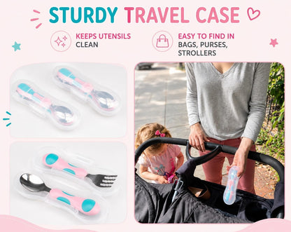 kinsho Toddler Utensils - Kids Silverware Set with Travel Case 3 pack - Stainless Steel Forks Spoons for 1 2 3 4 Years Old. Metal Lunch Box Cutlery for Children Girls, Round Handle, 6 Pieces Pink Blue