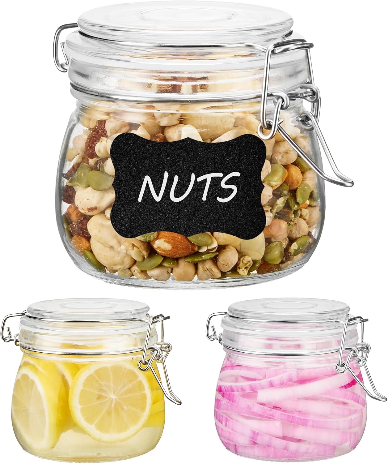 Vtopmart 78oz Glass Food Storage Jars with Airtight Clamp Lids, 3 Pack Large Kitchen Canisters for Flour, Sugar, Cereal, Coffee, Pasta and Canning, Square Mason Jars with 8 Reusable Labels