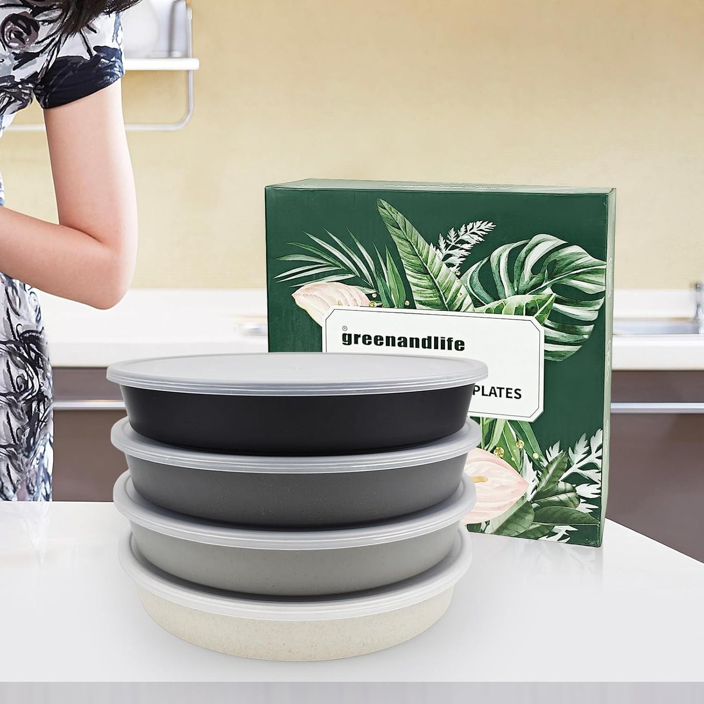 greenandlife 9 Inch 4PCS Portion Control Plates with Lids, Divided Plates for Kids Adults, Dishwasher Microwave Safe Compartment Plate, Unbreakable Lightweight Reusable Wheat Straw Plate, Earth Tone