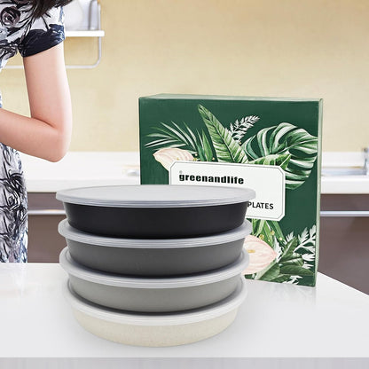 greenandlife 9 Inch 4PCS Portion Control Plates with Lids, Divided Plates for Kids Adults, Dishwasher Microwave Safe Compartment Plate, Unbreakable Lightweight Reusable Wheat Straw Plate, Earth Tone