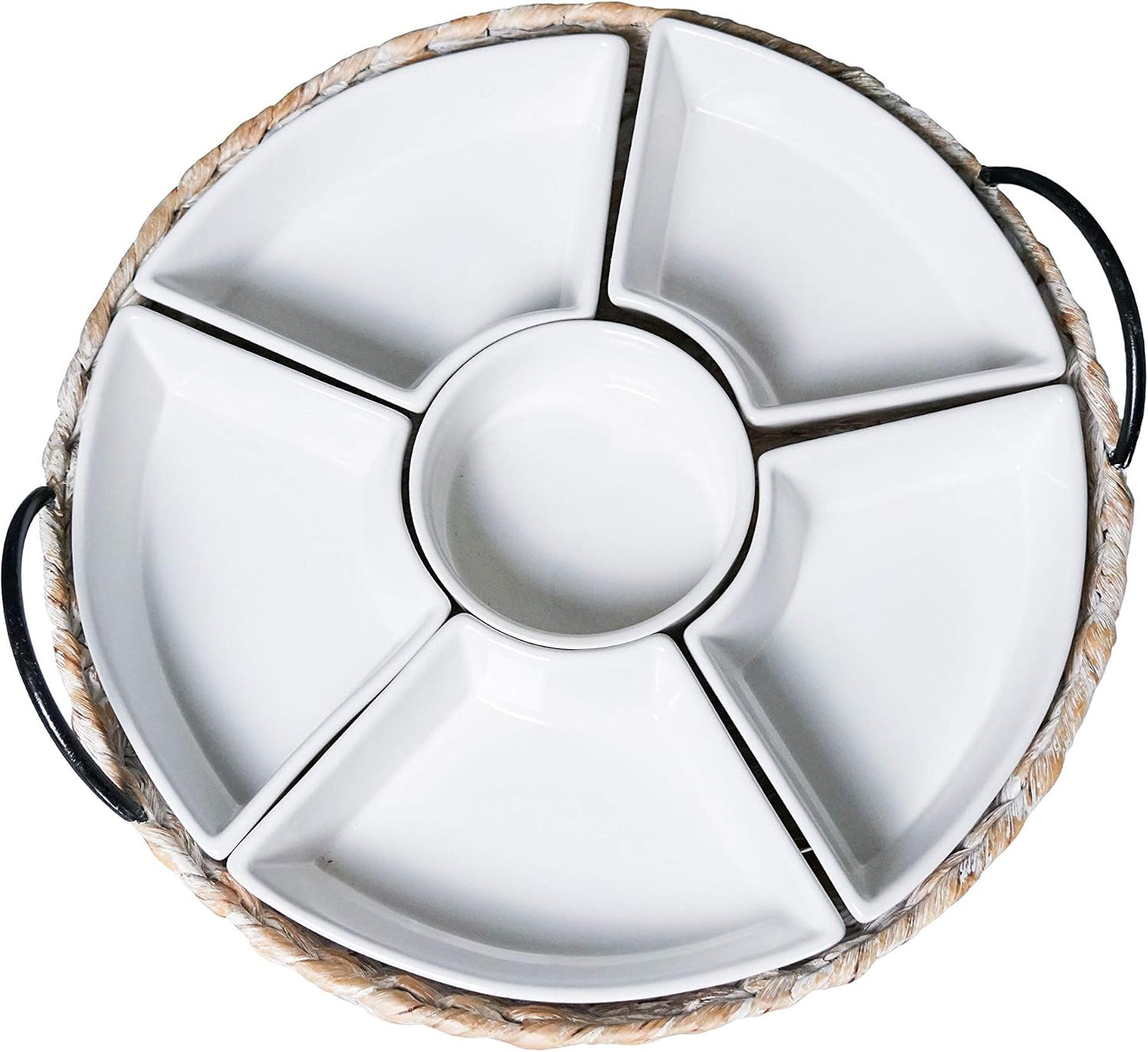 Ceramic Serving Tray, Food Tray 15.5 x 15.5 Inches,Divided Serving Platter with 6 Removable Dishes, Portable Handle Cattail Serving Bowls,Perfect for or Chips and Dip,Natural