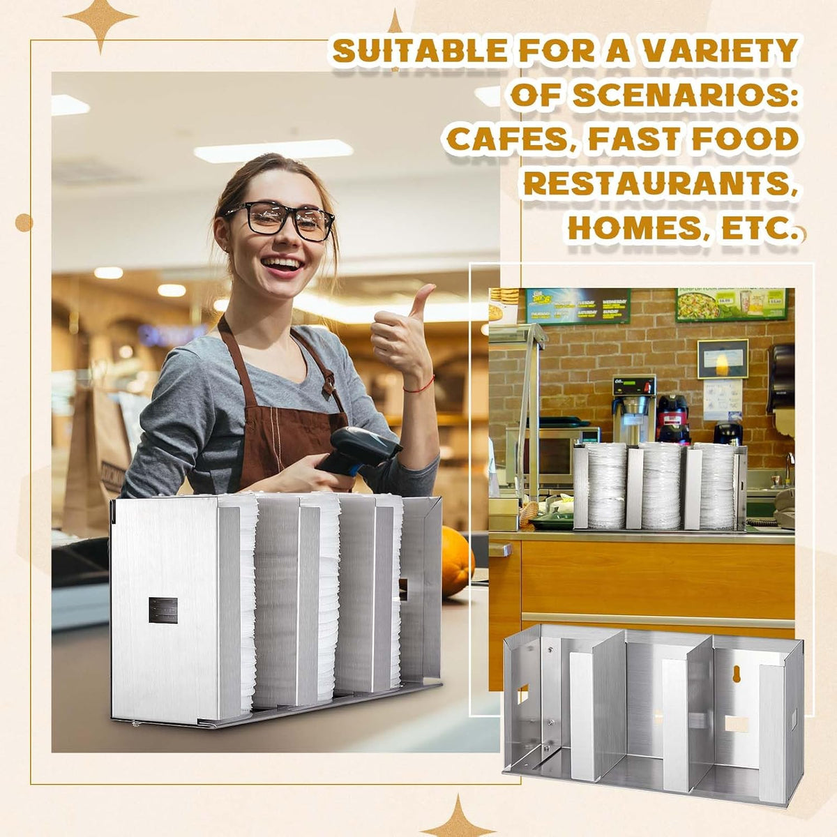 Hicarer 3 Compartments Stainless Steel Cup and Lid Holder, Silver